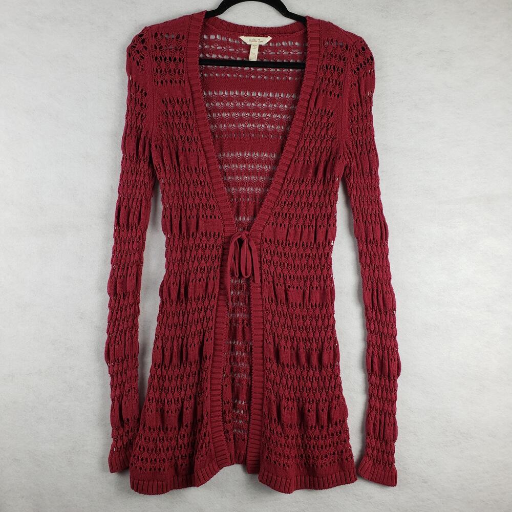 Matilda Jane Women's S Open Knit Crocheted Duster Sweater Burgundy Red Tie Close